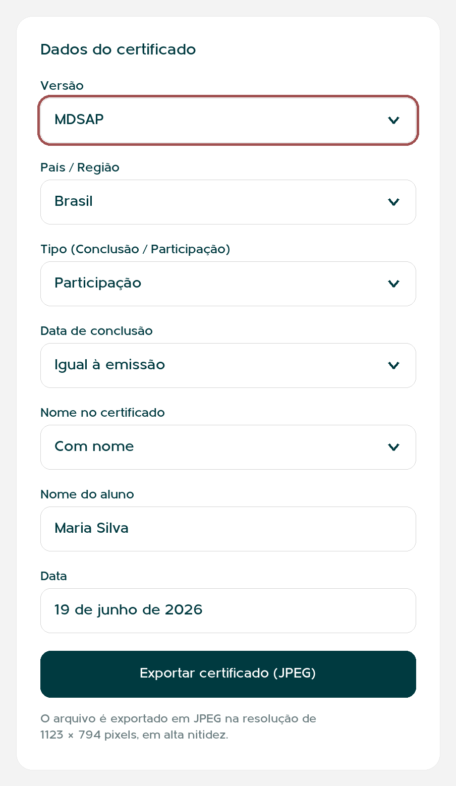 Campo Versão destacado