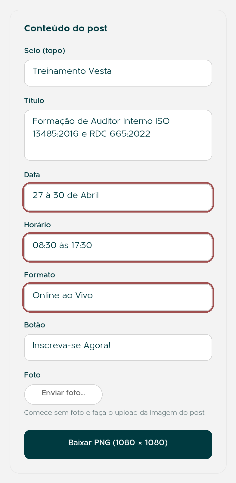 Campos Data, Horário e Formato destacados